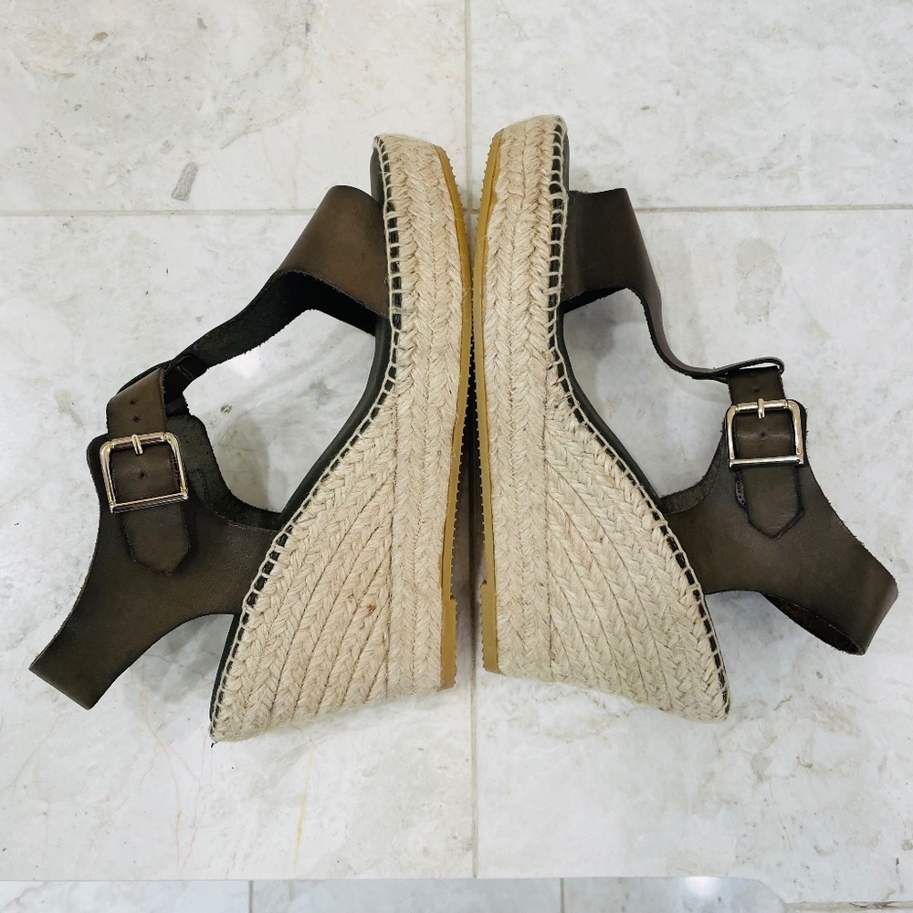 PASEART {40} Wedge Espadrilles Platform Leather Olive / Army Green NWOT - Picture 1 of 9